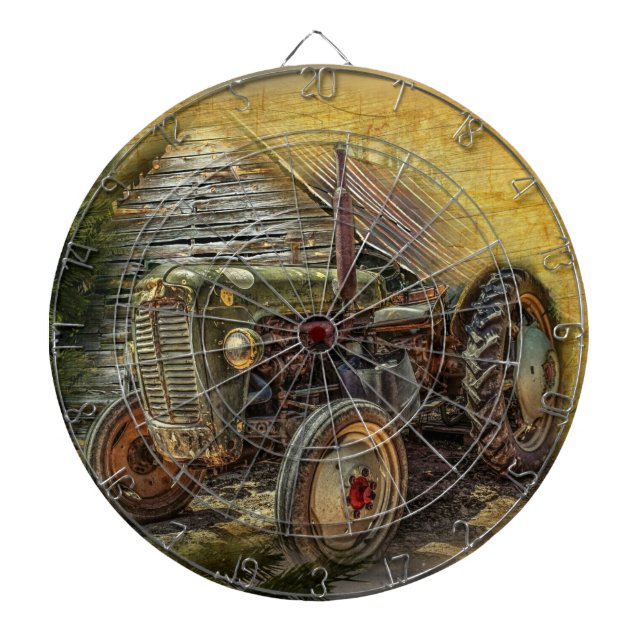 Vintage Green Tractor Rustic Old Barn Dartboard (Front)