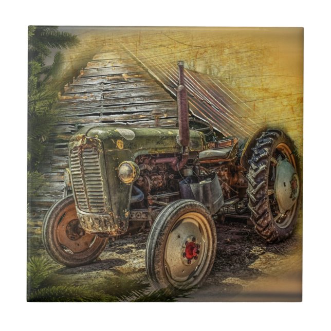 Vintage Green Tractor Rustic Old Barn Tile (Front)