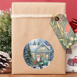Vintage Green Truck Santa Claus Christmas House Classic Round Sticker