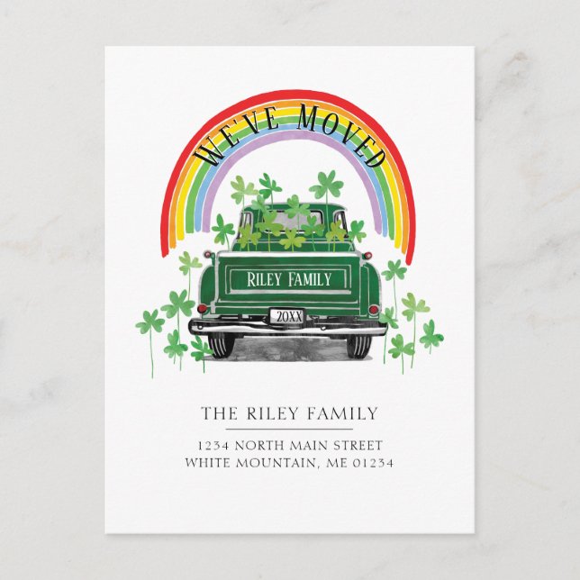 Vintage Green Truck Shamrock Rainbow Moving Announcement Postcard (Front)