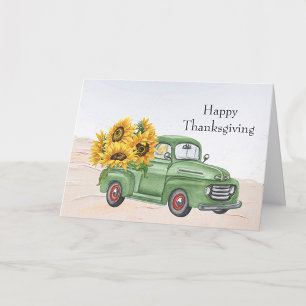 Vintage Green Truck Sunflowers Thanksgiving Holiday Card