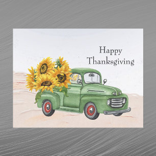 Vintage Green Truck Sunflowers Thanksgiving Holiday Postcard