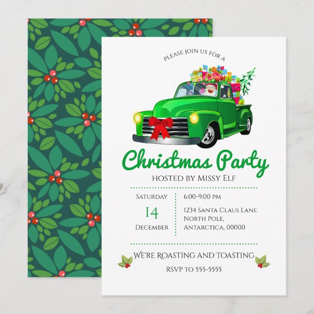 Vintage Green Truck, Tree & Santa Christmas Invitation (Front/Back)