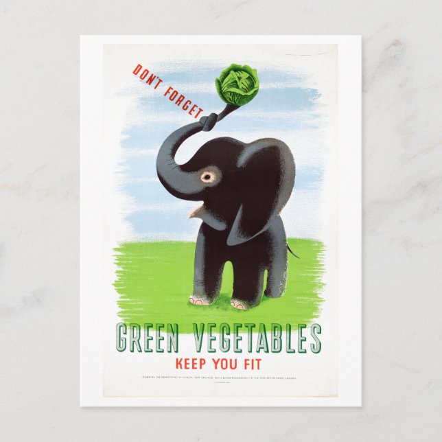 Vintage Green Vegetables Healthy Elephant Postcard (Front)