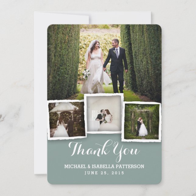 Vintage Green Wedding Photo Thank You Card (Front)