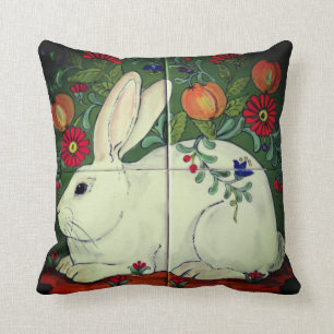 Vintage Green White Bunny Rabbit Floral Tile Cushion