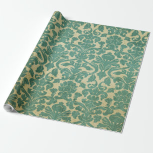 Vintage Green White Floral Damask Pattern Wrapping Paper