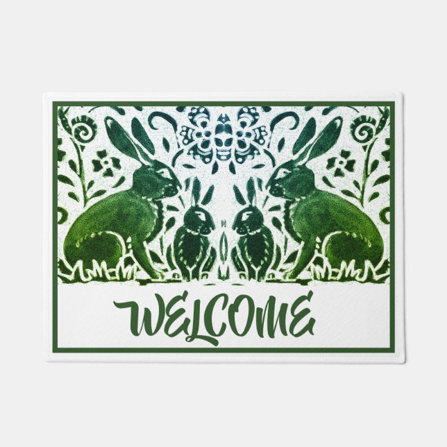 Vintage Green White Rabbit Hare Foliage Welcome Doormat (Front)