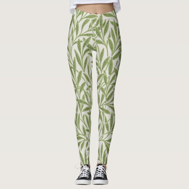 Vintage Green Willow Leaves Botanical Leggings (Front)