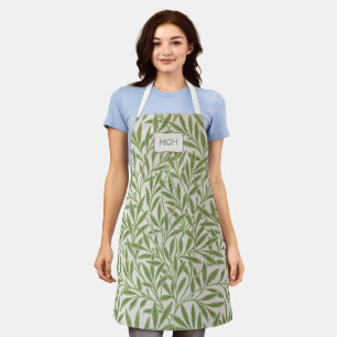 Vintage Green Willow Leaves Monogram Apron