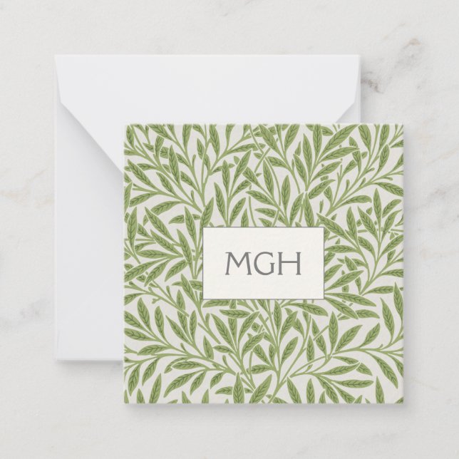 Vintage Green Willow Leaves Monogram Card (Front)