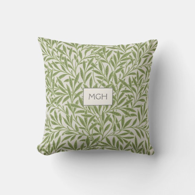 Vintage Green Willow Leaves Monogram Cushion (Front)