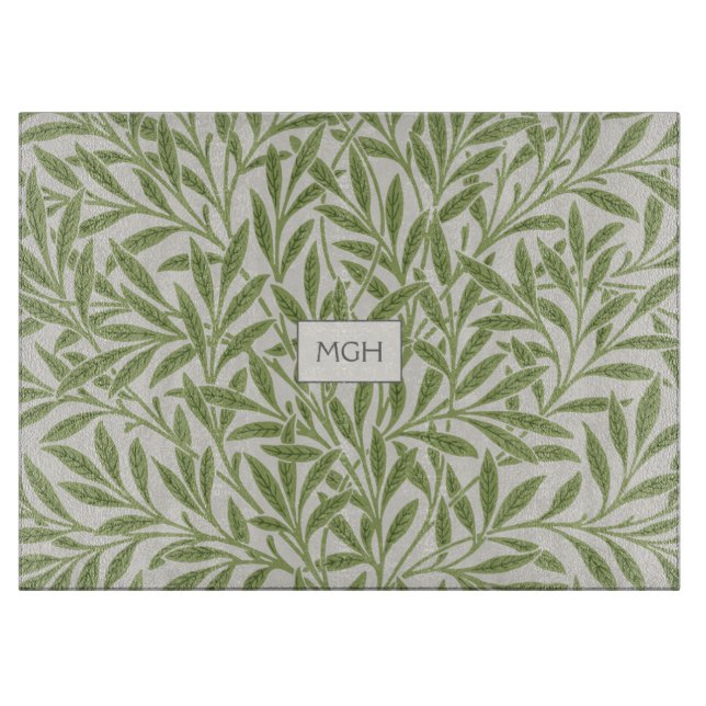 Vintage Green Willow Leaves Monogram Cutting Board (Front)