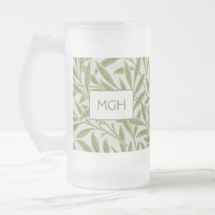 Vintage Green Willow Leaves Monogram Frosted Glass Beer Mug