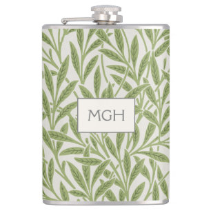 Vintage Green Willow Leaves Monogram Hip Flask