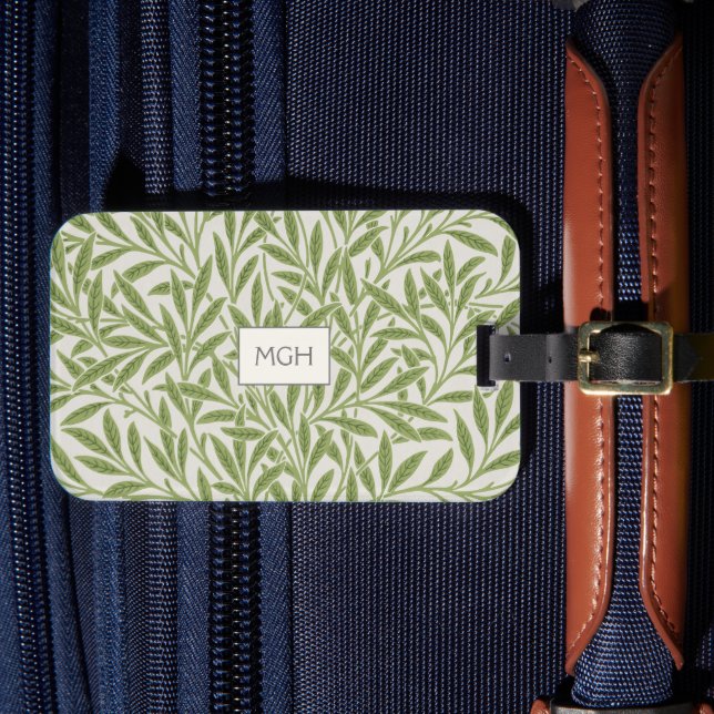 Vintage Green Willow Leaves Monogram Luggage Tag (Front Insitu 4)