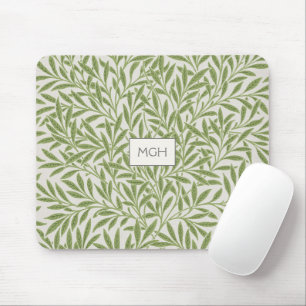 Vintage Green Willow Leaves Monogram Mouse Mat