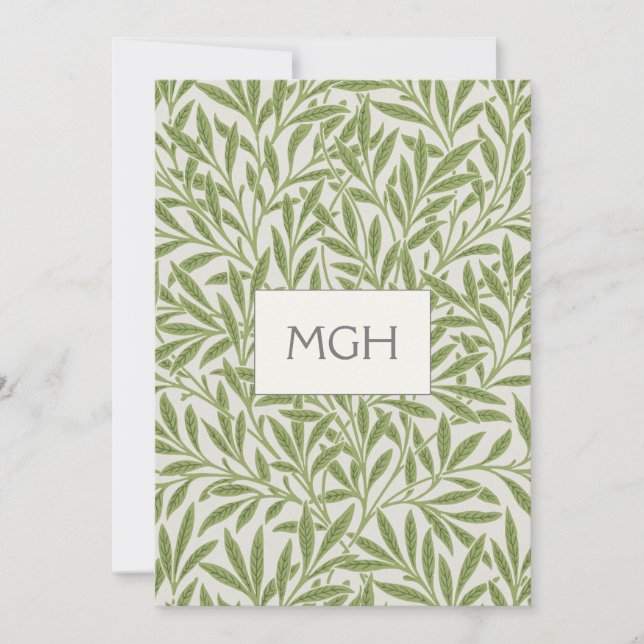 Vintage Green Willow Leaves Monogram Thank You Card (Front)