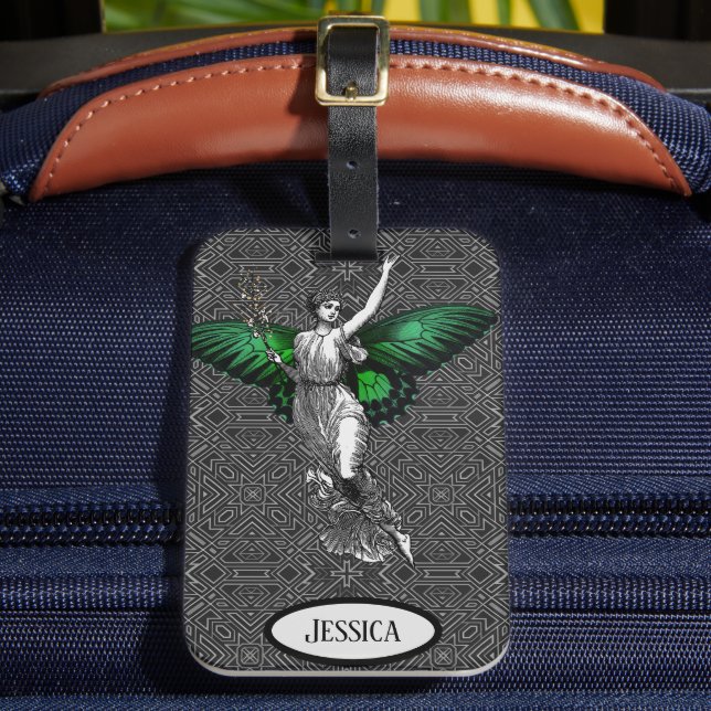 Vintage Green Wing Fairy Art Deco Luggage Tag (Front Insitu 2)