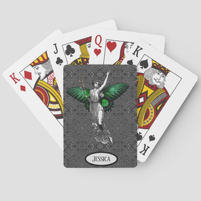 Vintage Green Wing Fairy Art Deco Playing Cards (Back)