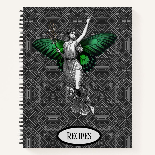 Vintage Green Wing Fairy Art Deco Recipe Notebook (Front)