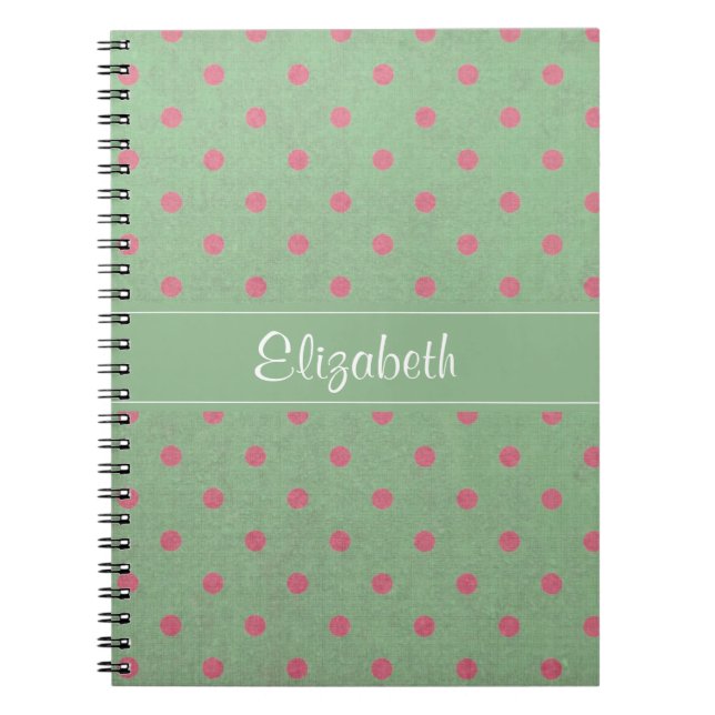 Vintage Green with Pink Polka Dots Pattern Notebook (Front)