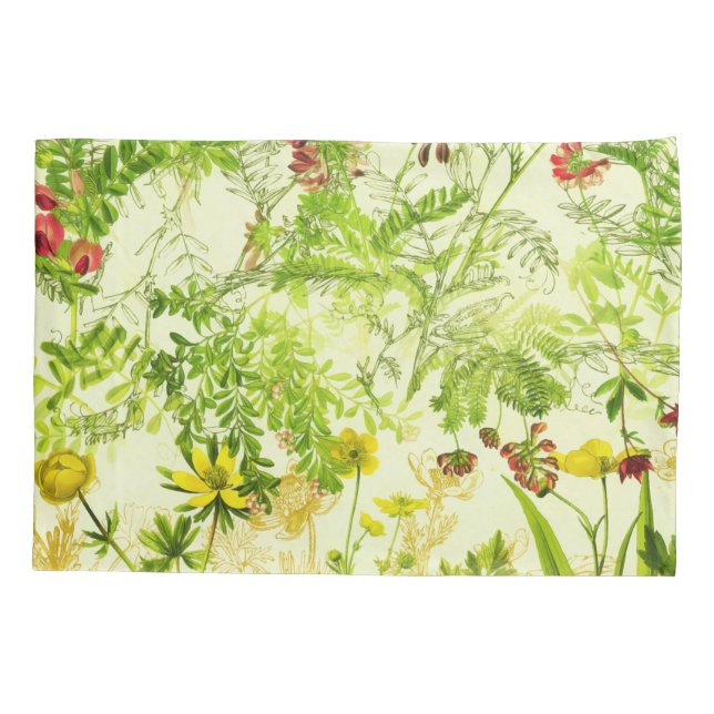 Vintage Green Woodland Botanical Leaves Wildflower Pillowcase (Back)