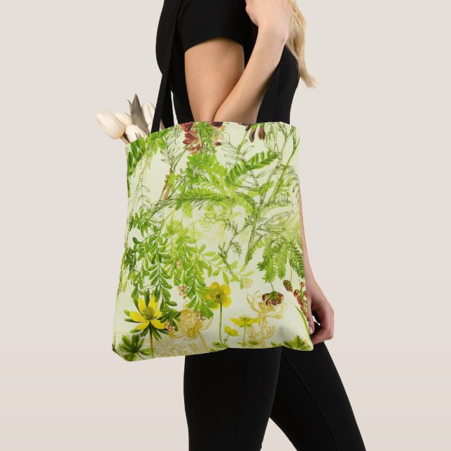 Vintage Green Woodland Botanical Leaves Wildflower Tote Bag (Close Up)