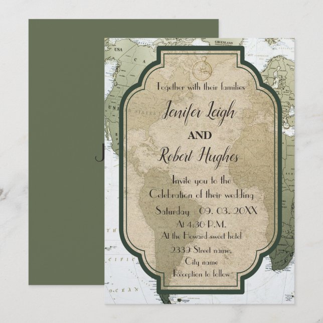 Vintage Green world travel themed wedding Invitation (Front/Back)