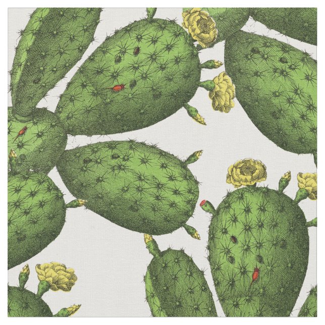 Vintage Green Yellow Floral Cactus Pattern Fabric (Close Up)