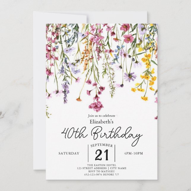 Vintage Greenery Wildflowers 40th birthday Invitation (Front)