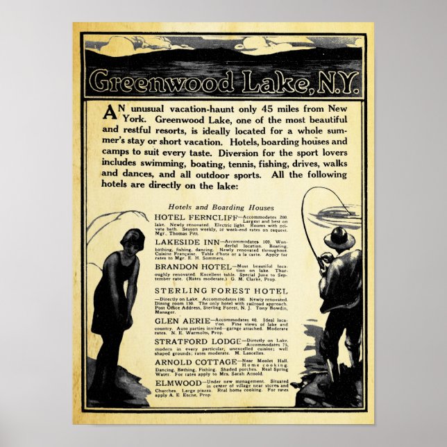 Vintage Greenwood Lake NY Travel Print (Front)