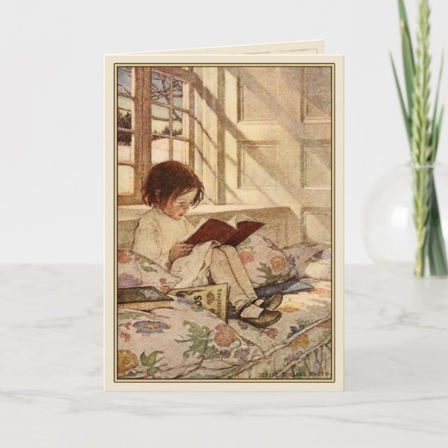 Vintage Greeting Card with Sweet Girl Reading (Front)