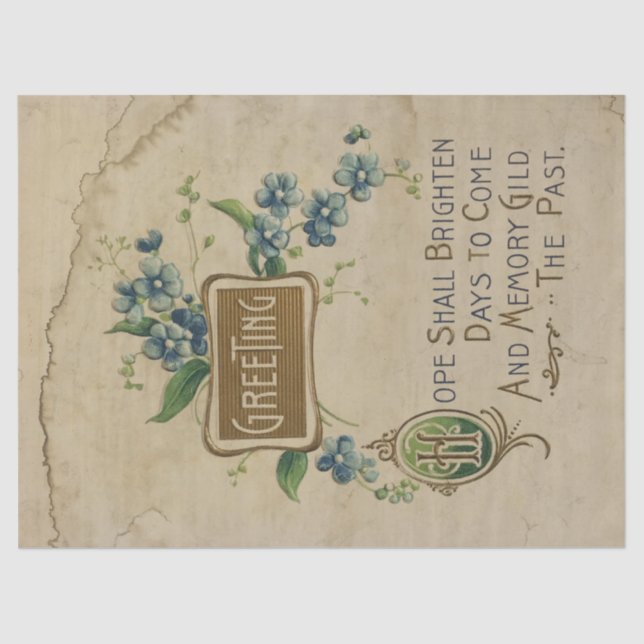 Vintage Greeting with Blue Flowers Decoupage Tissue Paper (Front)