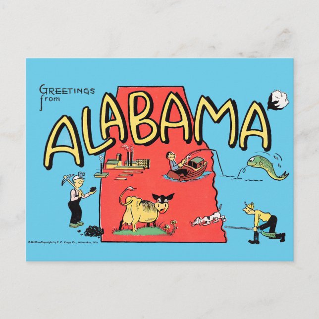 Vintage Greetings from Alabama Cartoon Map Art Postcard (Front)