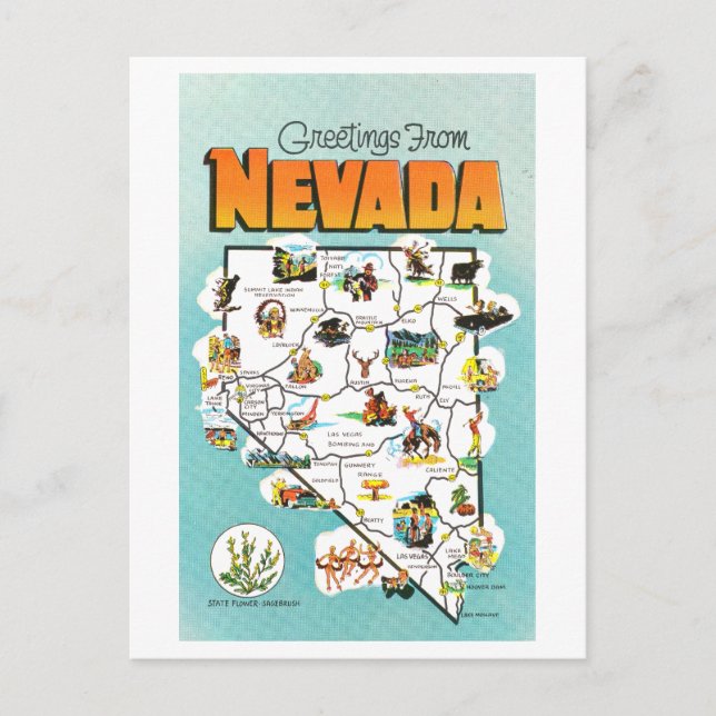 Vintage Greetings from Nevada Map Postcard (Front)