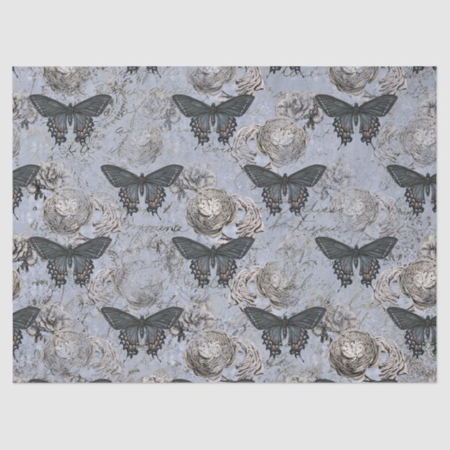 Vintage Grey and Blue Butterfly Decoupage Tissue Paper (Front)