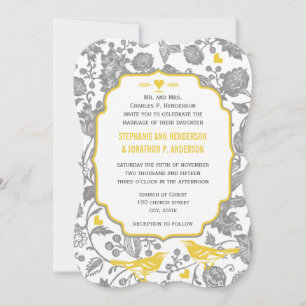 Vintage Grey and Yellow Floral Love Bird Wedding Invitation