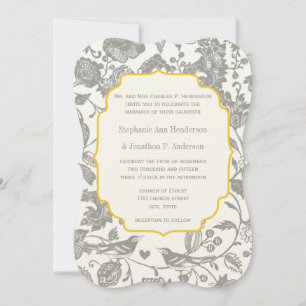 Vintage Grey and Yellow Floral Love Bird Wedding Invitation