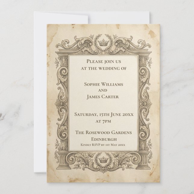 Vintage Grey Baroque Wedding Invitation (Front)