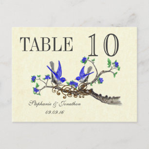 Vintage Grey Bird Royal Blue Blossoms Table Number Postcard