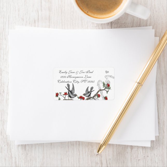 Vintage Grey Birds Red Flowering Branch RSVP Label (Insitu)