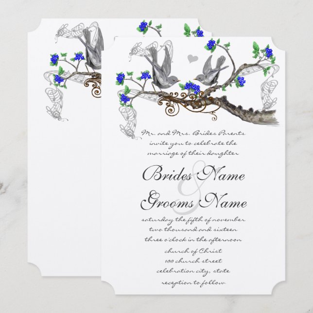 Vintage Grey Birds Royal Blue Cherry Blossom Invitation (Front/Back)