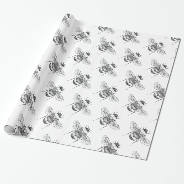 Vintage Grey Bumble Bees Wrapping Paper (Unrolled)