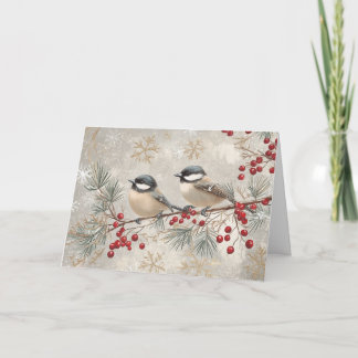 Vintage Grey Chickadees with Red Berries Card