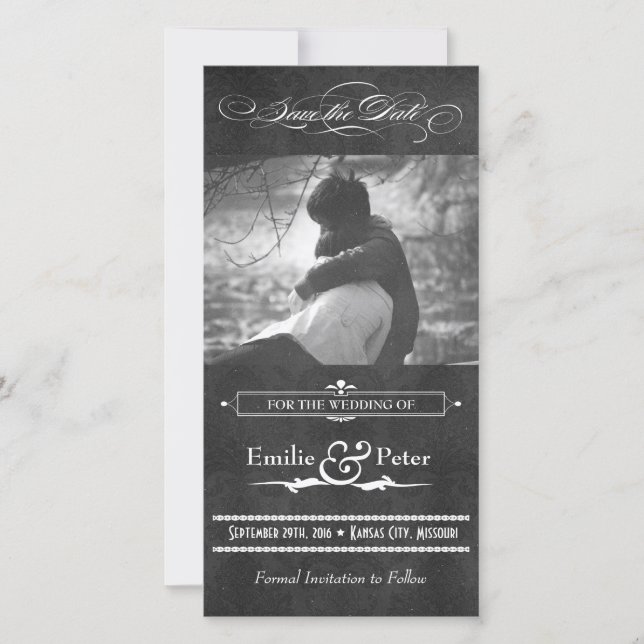 Vintage Grey Damask Photo Save the Date (Front)