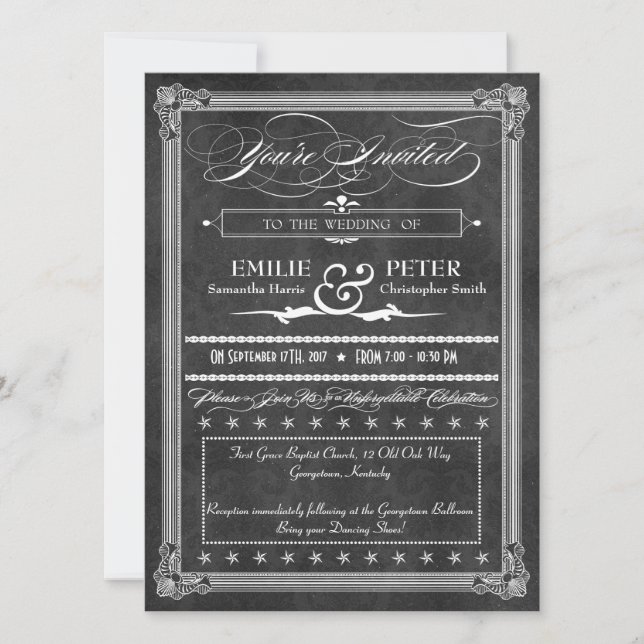 Vintage Grey Damask Poster Style Wedding Invitation (Front)