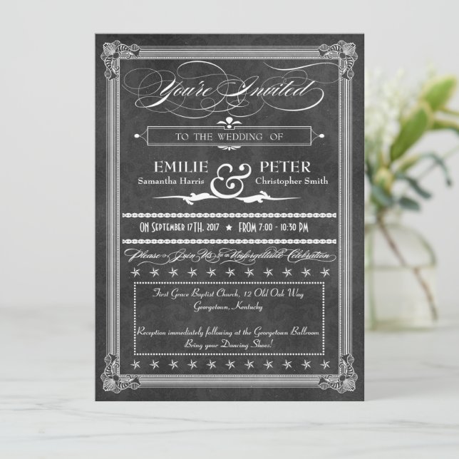 Vintage Grey Damask Poster Style Wedding Invitation (Standing Front)