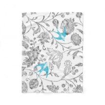 Vintage Grey Floral Aqua Blue Teal Vintage Birds