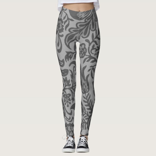 Vintage Grey Floral Botanical Pattern Leggings (Front)